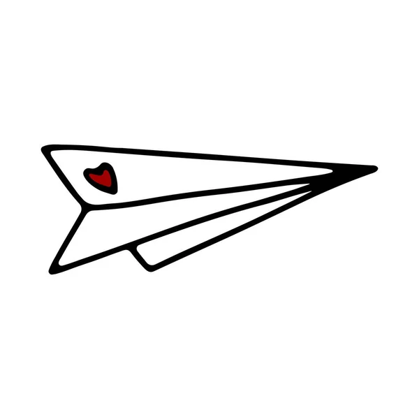 Avión Papel Doodle Con Corazón Rojo Plano Origami Dibujado Mano — Vector de stock