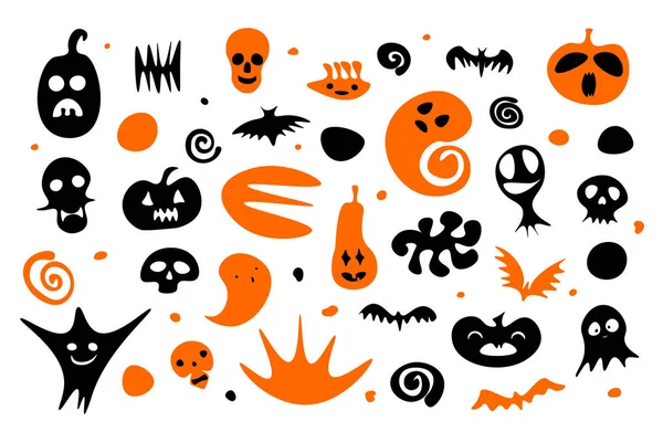 Mutlu Cadılar Bayramı seti. El yapımı Portakal rengi hayalet, balkabağı, iskelet, kafatasları, beyaz arka planda yarasa. Sevimli korkunç karakterler sonbahar tatilleri için pankart, Ölüler Günü. Vektör çizgi film illüstrasyonu