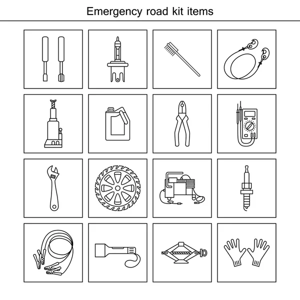 Itens do kit rodoviário de emergência . —  Vetores de Stock