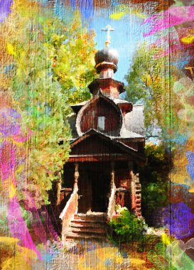 Oil painting, wooden architecture in Russia, the city of Sergiev Posad clipart