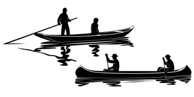 Gondol ve Kano 'da kürek çeken insanların siluetleri. Vektör ortamı beyazda izole edildi.