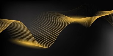 Siyah arka planda parlak altın çizgileri olan soyut lüks. Pankart, poster, kapak, broşür, broşür, web sitesi için altın çizgilerin gelecekteki arkaplanı