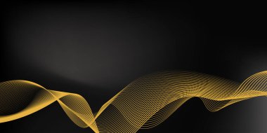 Siyah arka planda parlak altın çizgileri olan soyut lüks. Pankart, poster, kapak, broşür, broşür, web sitesi için altın çizgilerin gelecekteki arkaplanı