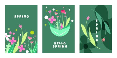 Çiçekler ve yapraklarla birlikte bahar poster tasarımı şablonu. Bahar tebrik kartları ve sosyal medya paylaşımları için dikey poster tasarımı.