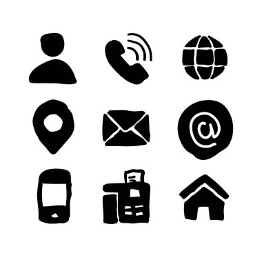 Doodle Tarzı El Çizimi İş Simgeleri Ayarlandı. İletişim bilgileri, Ev, Telefon, Konum, Adres, Web Sitesi