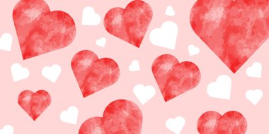 Kırmızı suluboya kalpler ve beyaz kalp desenleri olan sevgililer günü geçmişi. Vektör illüstrasyonu