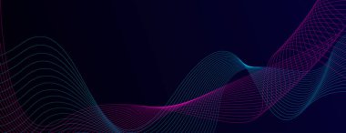 Koyu mavi soyut arka plan ve parlak dalgalar. Parlak çizgiler tasarım elemanı. Modern pembe mavi eğimli dalga çizgileri. Gelecekçi teknoloji konsepti. Vektör illüstrasyonu