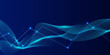 Koyu mavi fütürist ve bilim teknolojisi dinamik çizgiler, dalgalar ve ışık parçacıkları ile soyut arkaplan