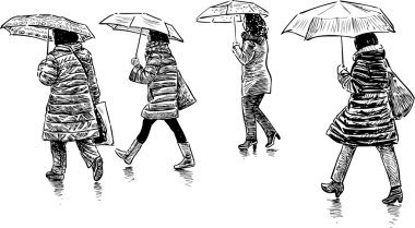 women under umbrellas clipart