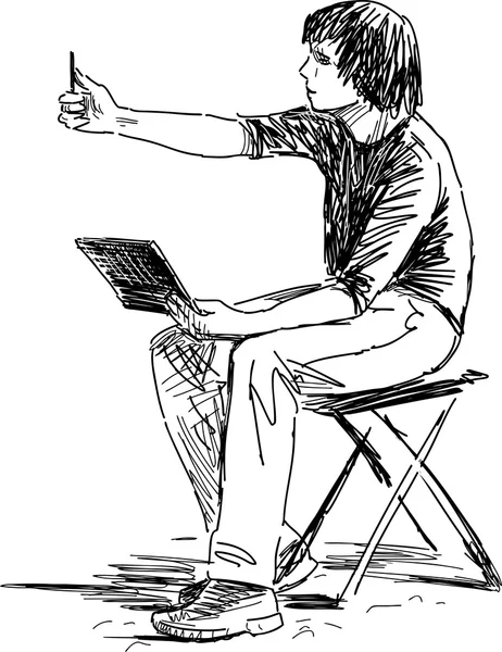 Молодий чоловік робить ескізи — стоковий вектор