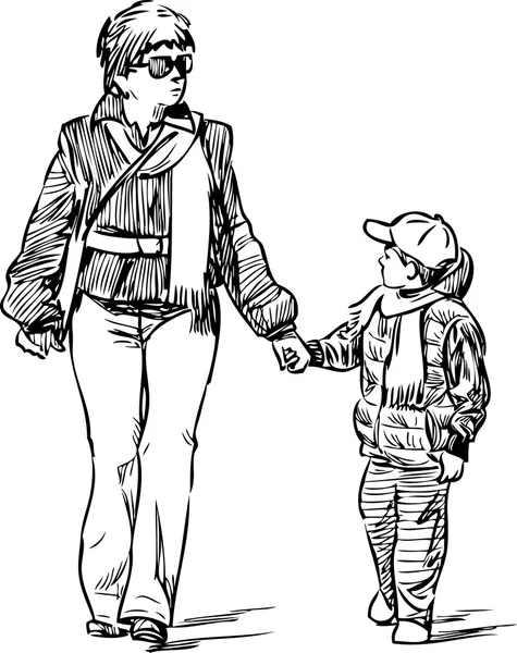 Anne oğluyla yürüyüşe — Stok Vektör