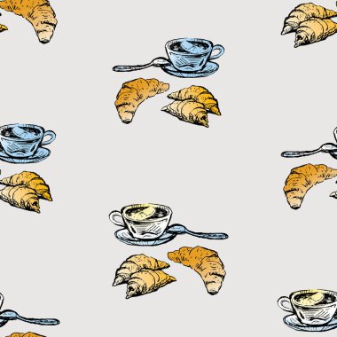 Çizimlerin kusursuz deseni limonlu ve kruvasanlı çay fincanları