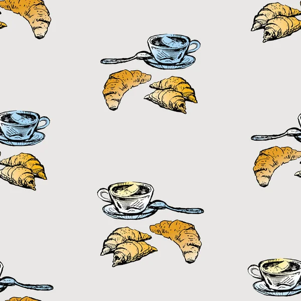 Seamless Pattern Sketches Tea Cups Lemon Croissants — Stock Vector