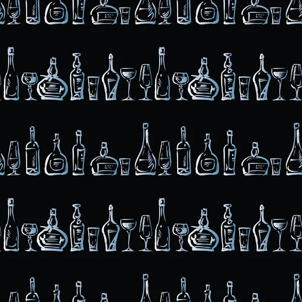 Bezešvé Vzor Náčrtků Různé Víno Sklenice Láhve — Stockový vektor