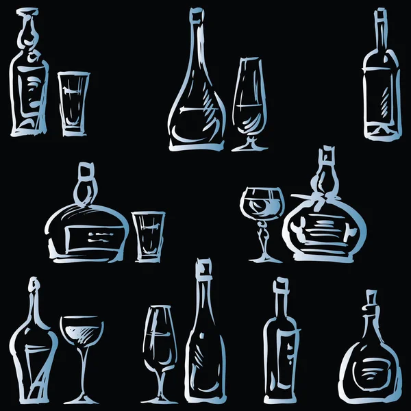 Imagen Vectorial Bocetos Varias Copas Vino Botellas — Vector de stock