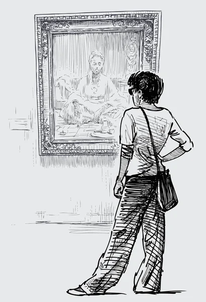 Ręczny Rysunek Młodej Kobiety Patrzącej Obraz Muzeum Miejskim — Wektor stockowy