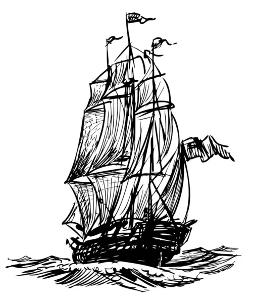海の中で古代の帆船のフリーハンドの図面 — ストックベクタ