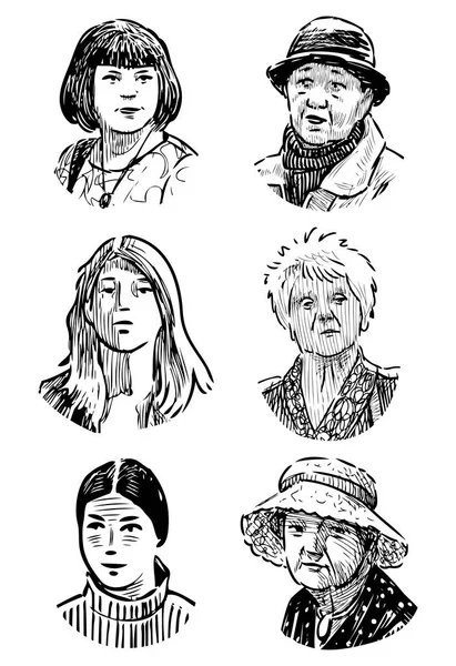 Skizzen Verschiedener Gesichter Junger Mädchen Und Älterer Frauen — Stockvektor