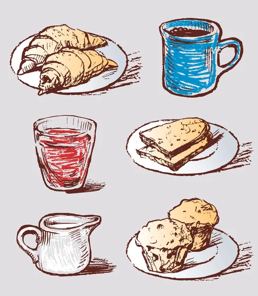 スケッチのベクトル画像朝食のための様々なペストリーや飲み物 — ストックベクタ