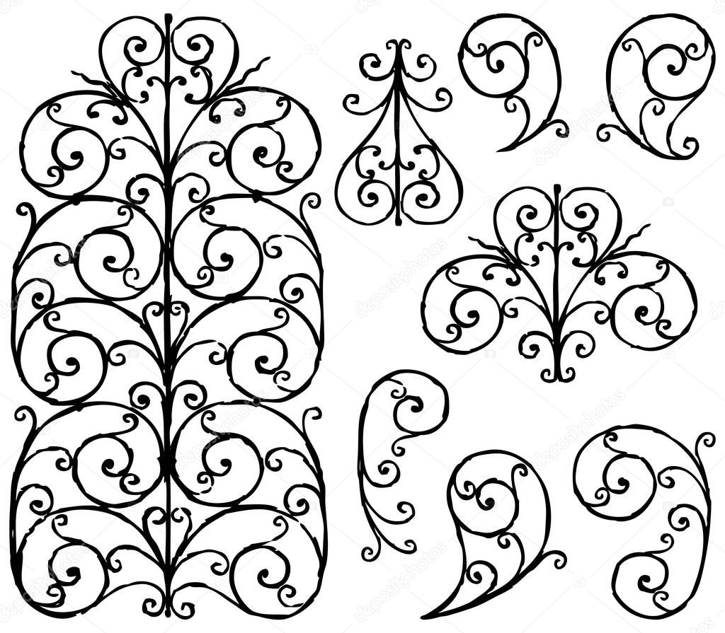 Freehand drawing of set decorative vintage design elements