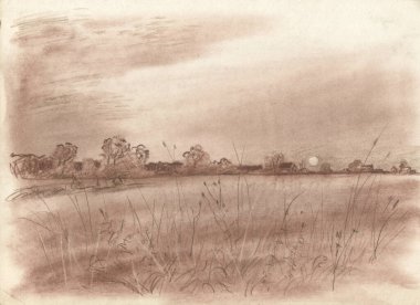 Kırsal kesimde yaz akşamının suluboya tek renkli manzarası