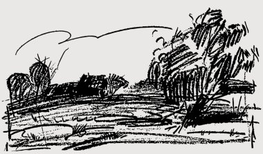 Kır manzarasının siluetleri, ağaçları ve köy evleriyle serbest çizimi