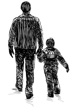 Küçük oğluyla sokakta birlikte yürüyen bir adamın çizimi.