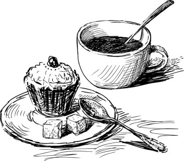 Çay kaşığı kahve fincanı ve fincan üstü kek çizimi.