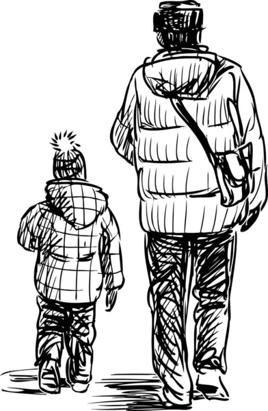 Desenho Mão Livre Homem Com Seu Filho Caminhando Juntos Para — Vetor de Stock