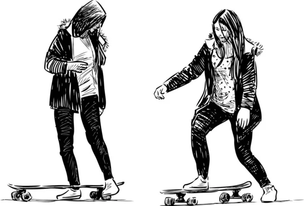 Dibujos Mano Alzada Adolescentes Entrenando Patinetas — Archivo Imágenes Vectoriales