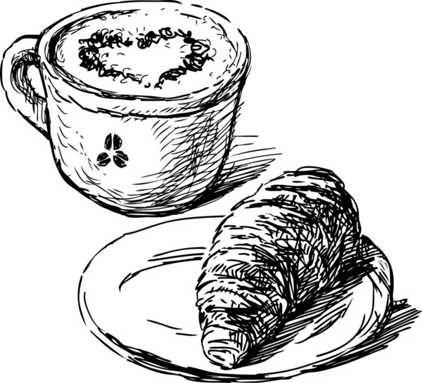 Skizze Einer Kaffeetasse Mit Cappuccino Und Croissant Auf Untertasse — Stockvektor