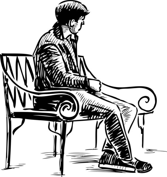 Sketch of young man sitting on park bench alone