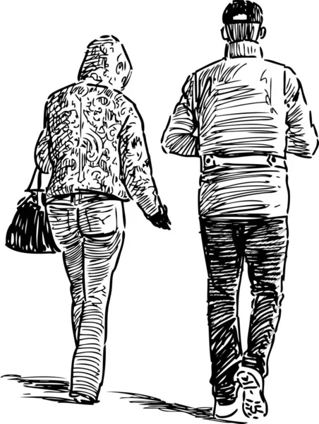 屋外を歩いているカップルの若者のスケッチ — ストックベクタ