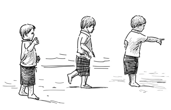 Эскизы Маленьких Мальчиков Прогуливающихся Босиком Берегу Моря — стоковый вектор