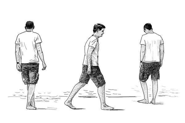 Skizzen Von Jungen Männern Die Barfuß Meeresufer Spazieren — Stockvektor
