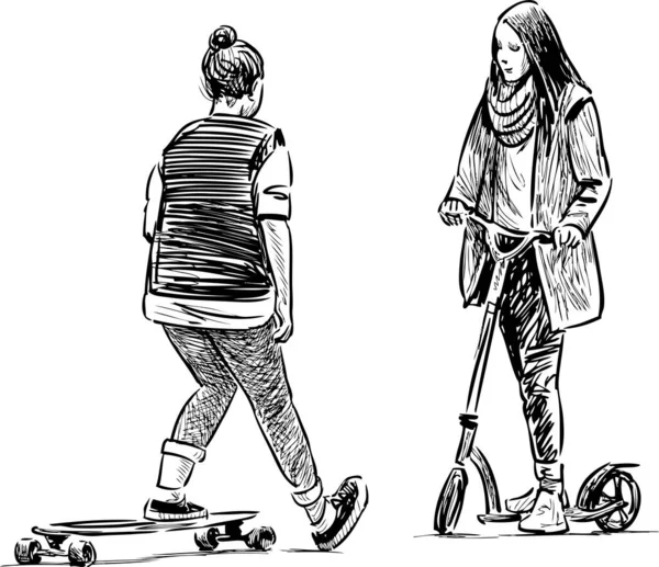 Bocetos Actividades Aire Libre Adolescentes Con Monopatín Scooter — Archivo Imágenes Vectoriales