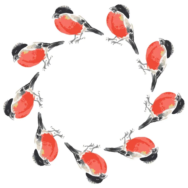 Telaio Rotondo Vettoriale Schizzi Acquerello Bullfinches — Vettoriale Stock