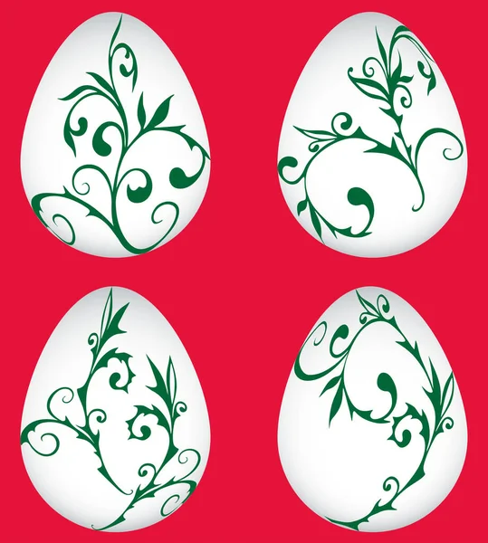 Set Abstract Easter Eggs Green Decorative Twigs — Stock Vector