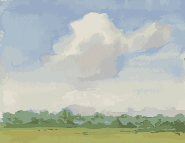 Image Vectorielle Paysage Aquarelle Avec Grand Nuage Blanc Sur Champ — Image vectorielle