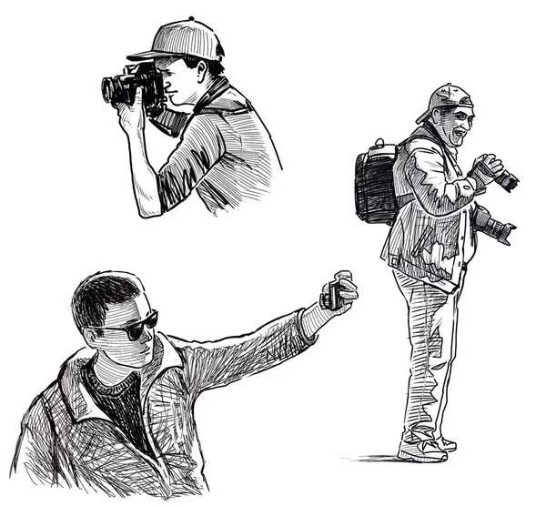 Kamera Akıllı Telefondan Resim Çeken Çeşitli Adamların Çizimleri — Stok fotoğraf
