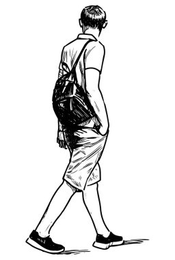 Güneşli bir yaz gününde dışarıda yürüyen sıradan genç bir vatandaşın çizimi.