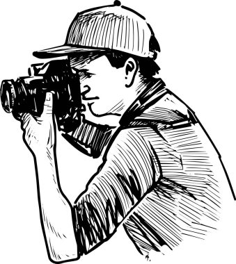 Fotoğraf makinesinde çekim yapan genç bir fotoğrafçı çizimi.