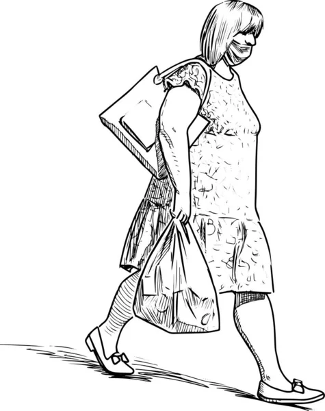 Szkic Przypadkowej Kobiety Masce Torbami Spacerującymi Zewnątrz Słoneczny Letni Dzień — Wektor stockowy