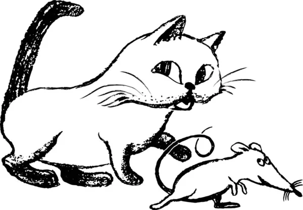 Dessin Vectoriel Contour Dessin Animé Chat Domestique Drôle Rat Sournois — Image vectorielle