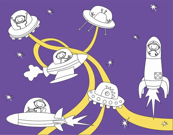 Ilustração Vetorial Encontro Amigável Astronautas Desenhos Animados Espaciais Alienígenas Fantásticos —  Vetores de Stock