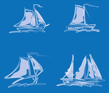 Vector hatları suluboya fırça taslakları denizde çeşitli yelkenli tekneler