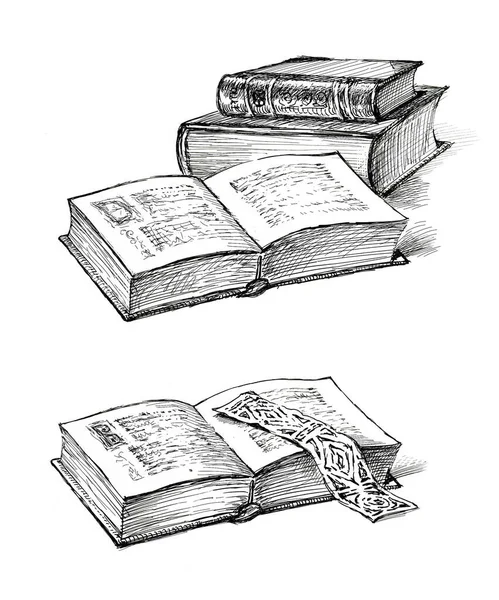 Eski Basılmış Açık Kapalı Kitapların Serbest Çizimleri — Stok fotoğraf