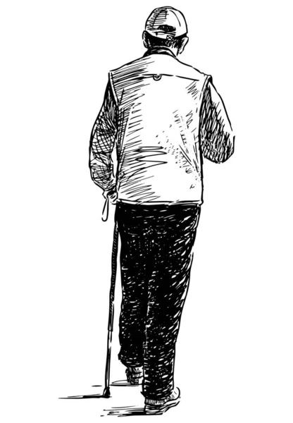 外を歩く杖を持つ高齢者のスケッチ — ストックベクタ