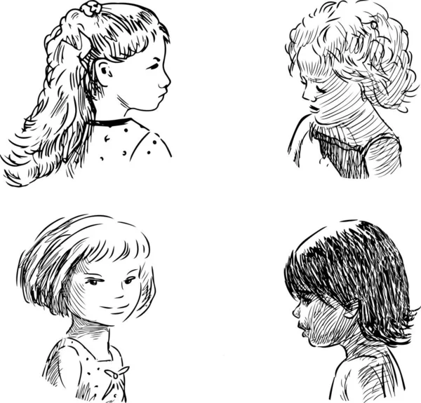 Skizzenporträts Verschiedener Süßer Kleiner Mädchen — Stockvektor