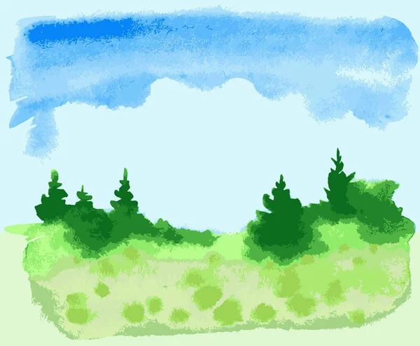 Векторний Акварельний Малюнок Абстрактного Пейзажу Блакитним Небом Зеленими Ялинками — стоковий вектор